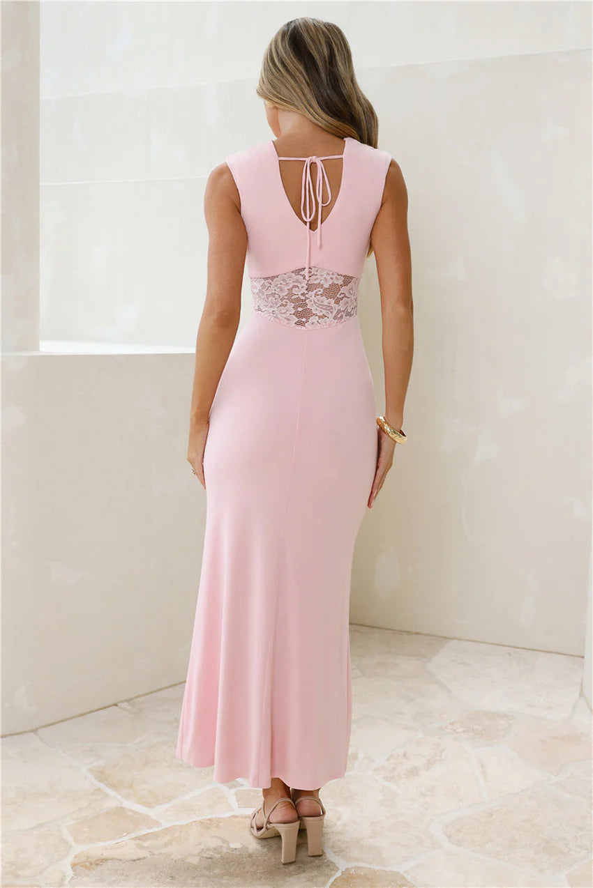 Elegant Sleeveless Round Neck Open Back Tie Detail Lace Insert Ruched Bodycon Maxi Evening Dress For Formal Evening Prom Wedding Guest Bridesmaid Cocktail Party Gala