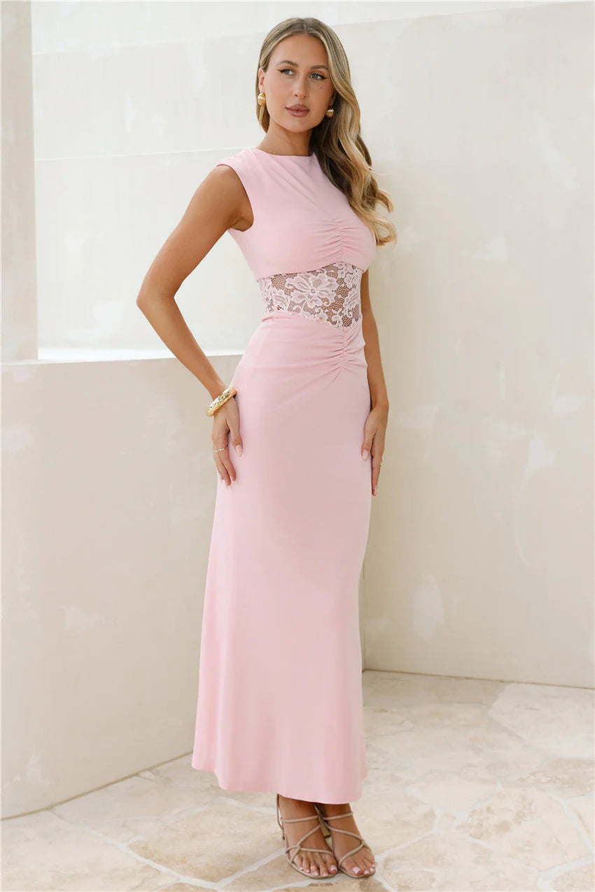 Elegant Sleeveless Round Neck Open Back Tie Detail Lace Insert Ruched Bodycon Maxi Evening Dress For Formal Evening Prom Wedding Guest Bridesmaid Cocktail Party Gala