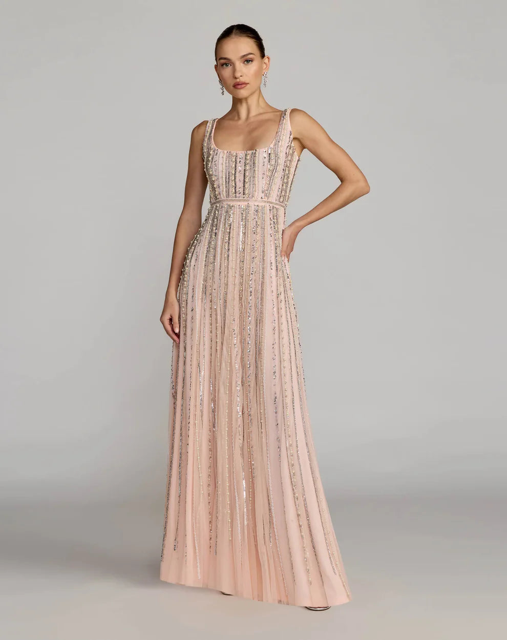 Elegant Sleeveless Square Neck Backless Beaded Pearl Embellished A Line Maxi Prom Dress For Formal Evening Gala Wedding Guest Bridesmaid