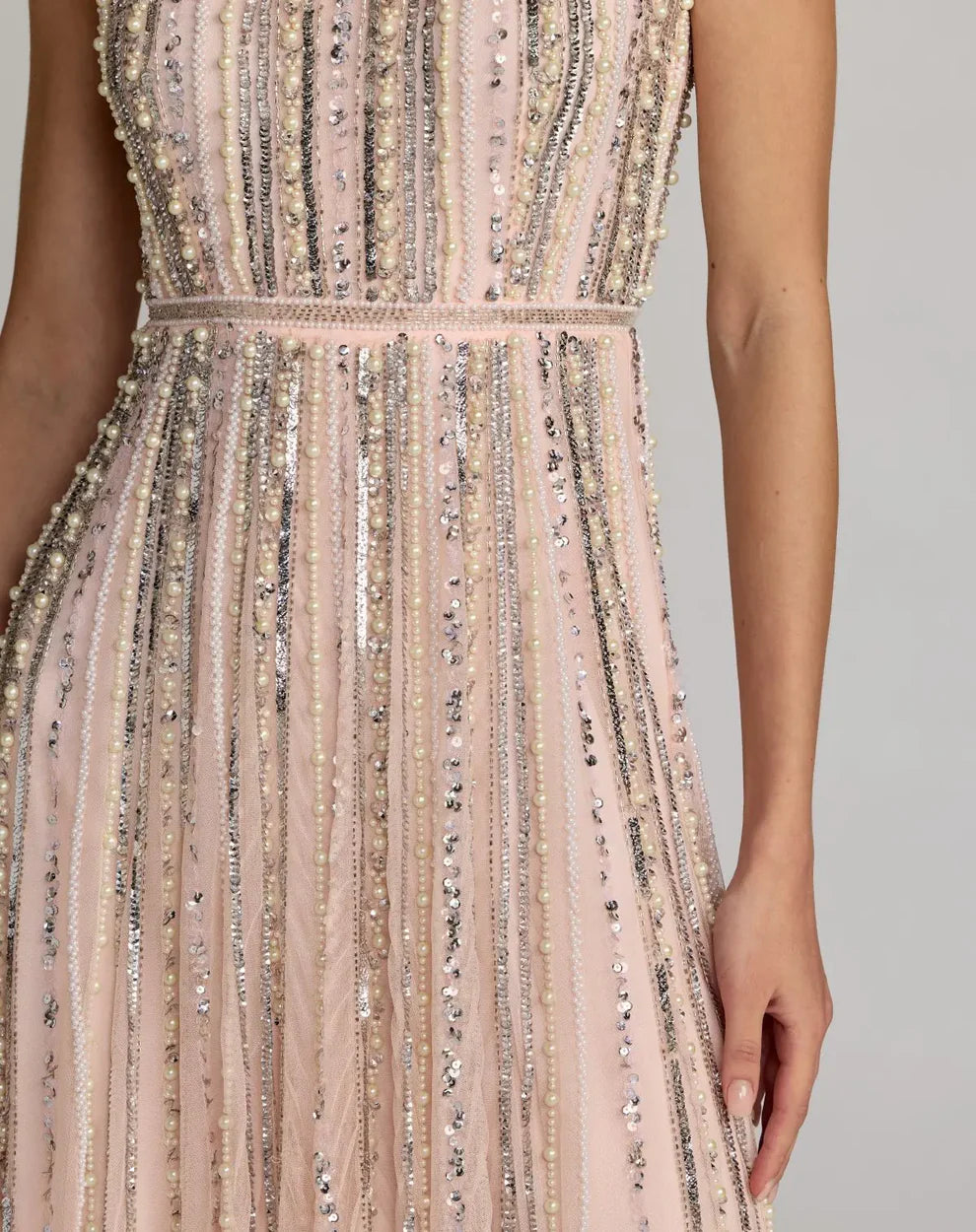 Elegant Sleeveless Square Neck Backless Beaded Pearl Embellished A Line Maxi Prom Dress For Formal Evening Gala Wedding Guest Bridesmaid