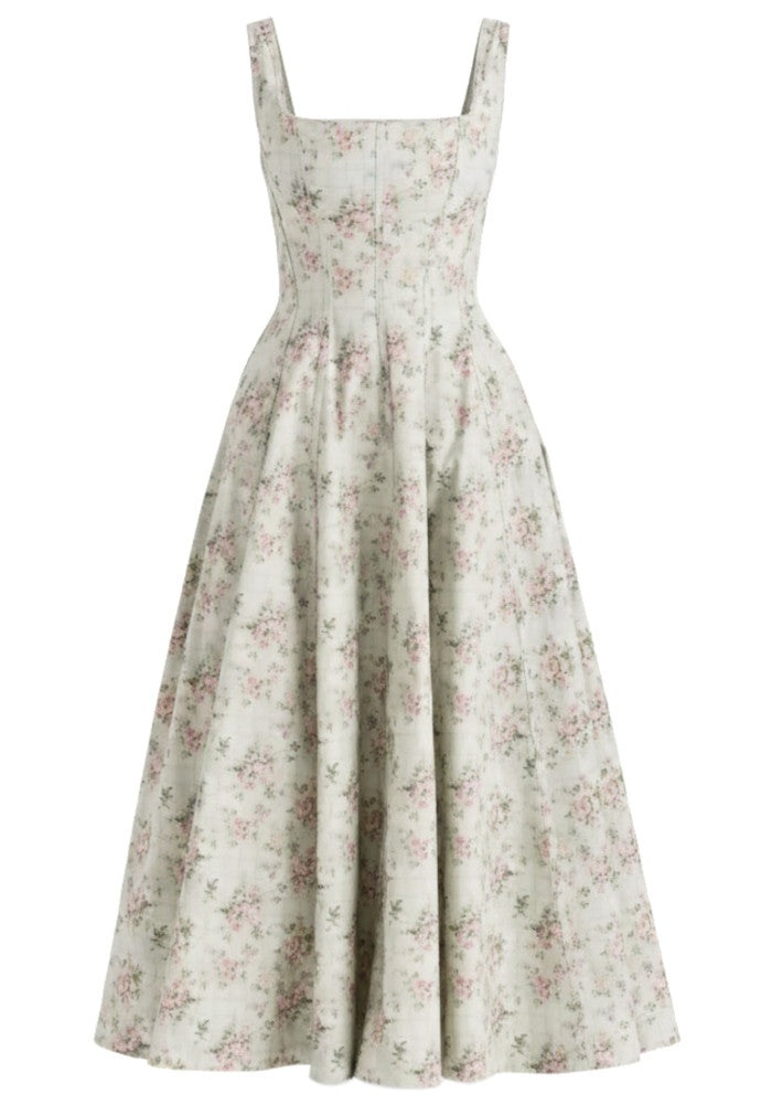 Elegant Sleeveless Square Neck Floral Print Lace Up Back A Line Midi Prom Dress