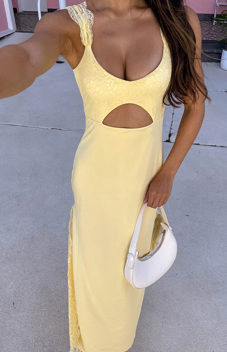 Elegant Sleeveless Square Neck Lace Trim Bust Cutout Maxi Prom Dress With Lace Hem For Formal Evening Wedding Guest Bridesmaid Cocktail Party
