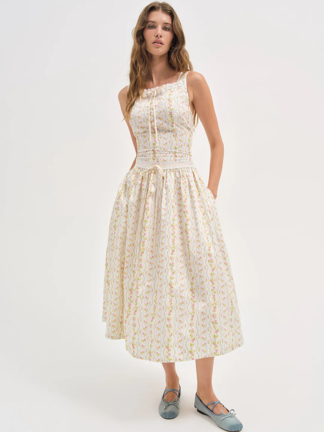 Elegant Sleeveless Square Neck Lace Trim Ditsy Floral Print Midi Prom Dress With Pockets For Formal Evening Bridal