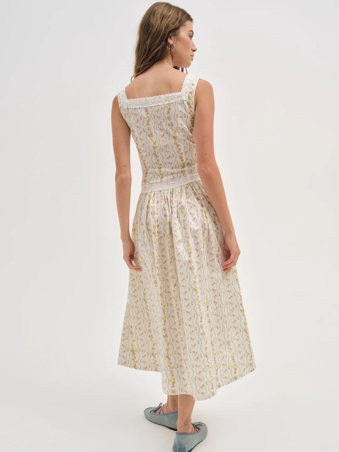 Elegant Sleeveless Square Neck Lace Trim Ditsy Floral Print Midi Prom Dress With Pockets For Formal Evening Bridal
