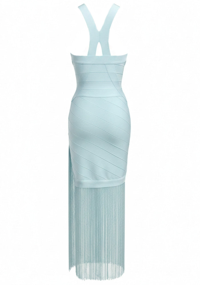 Elegant Sleeveless V Neck Bandage Fringe Hem Bodycon Midi Prom Dress