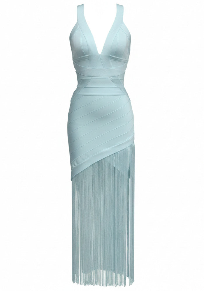 Elegant Sleeveless V Neck Bandage Fringe Hem Bodycon Midi Prom Dress