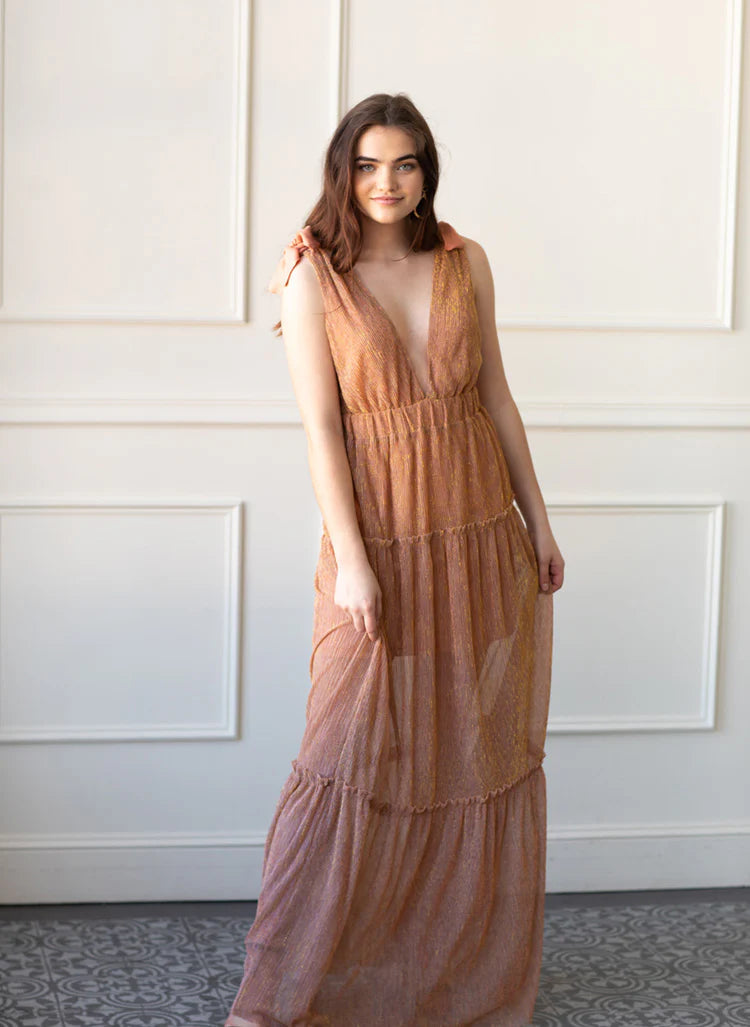 Elegant Sleeveless V Neck Open Back Bow Detail Smocked Waist Tiered Ruffle Hem Shimmer Chiffon A Line Maxi Evening Dress For Formal Evening Gala Wedding Guest Bridesmaid