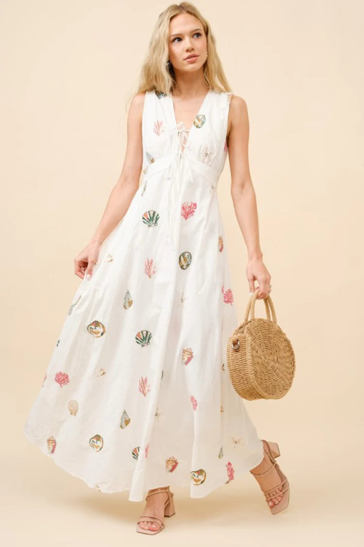 Elegant Sleeveless V Neck Open Back Tie Detail Smocked Waist Seashell Print A Line Maxi Evening Dress For Formal Evening Gala Wedding Guest Bridesmaid