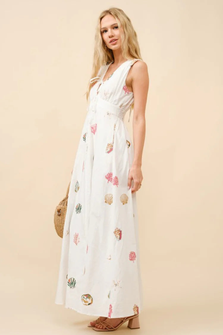 Elegant Sleeveless V Neck Open Back Tie Detail Smocked Waist Seashell Print A Line Maxi Evening Dress For Formal Evening Gala Wedding Guest Bridesmaid
