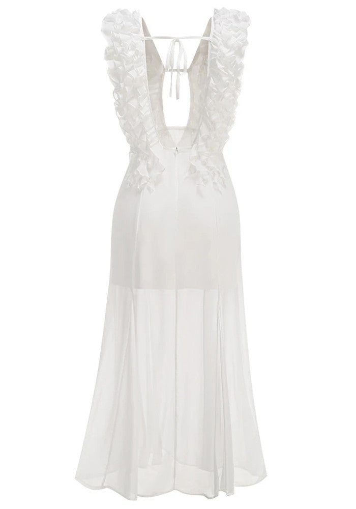 Elegant Sleeveless V Neck Ruffle Trim Keyhole Cutout Backless Chiffon Maxi Prom Dress