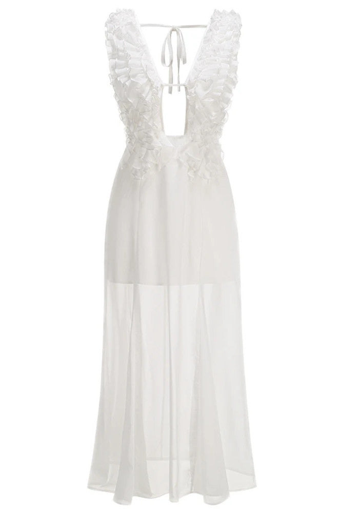 Elegant Sleeveless V Neck Ruffle Trim Keyhole Cutout Backless Chiffon Maxi Prom Dress