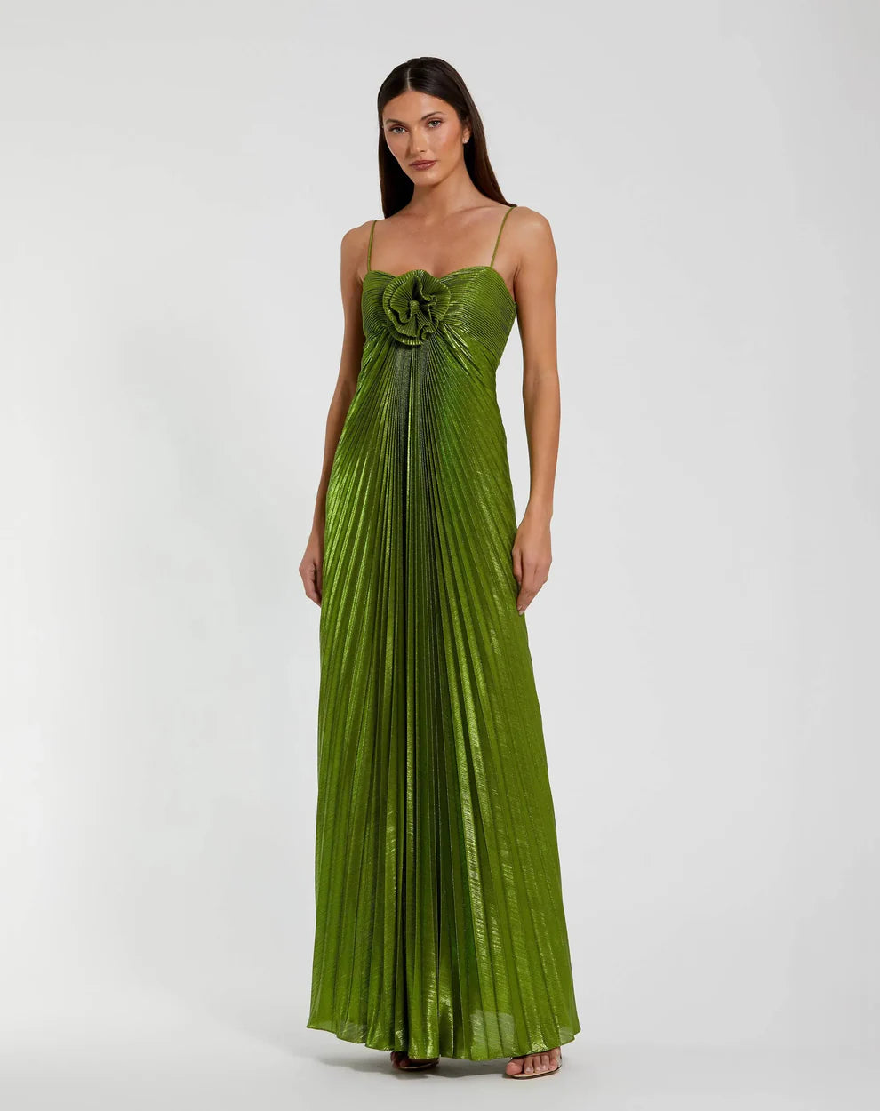 Elegant Spaghetti Strap 3D Flower Detail Pleated Shimmer Maxi Prom Dress For Formal Evening Wedding Guest Bridesmaid Cocktail Party