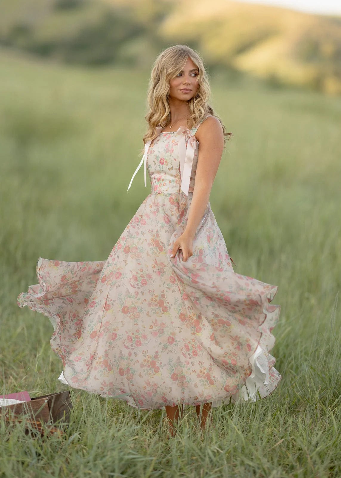 Elegant Spaghetti Strap Bow Detail Corset Back Floral Print A Line Midi Evening Dress For Formal Evening Prom Wedding Guest Bridesmaid Beach Wedding Cocktail Party Gala