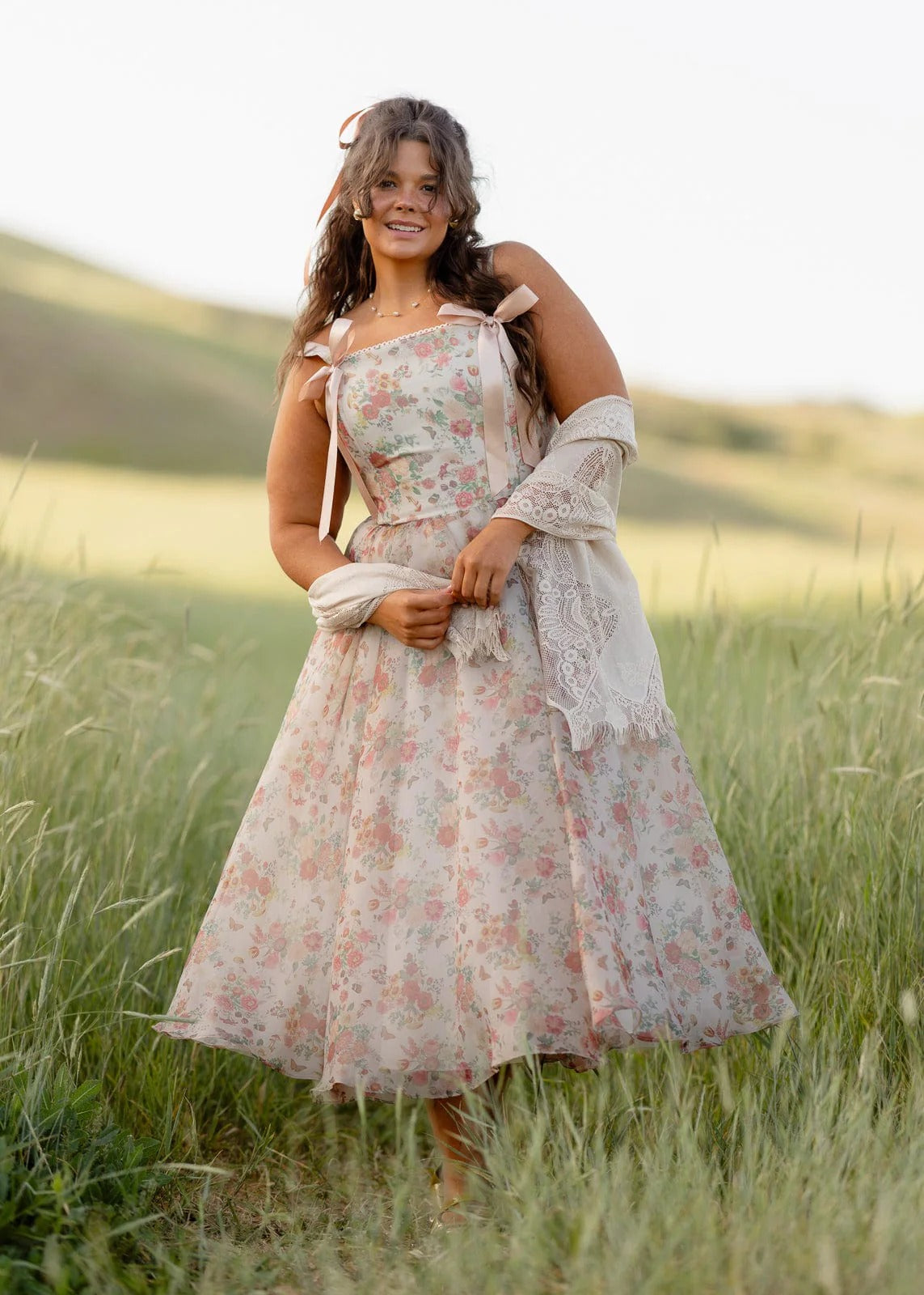 Elegant Spaghetti Strap Bow Detail Corset Back Floral Print A Line Midi Evening Dress For Formal Evening Prom Wedding Guest Bridesmaid Beach Wedding Cocktail Party Gala