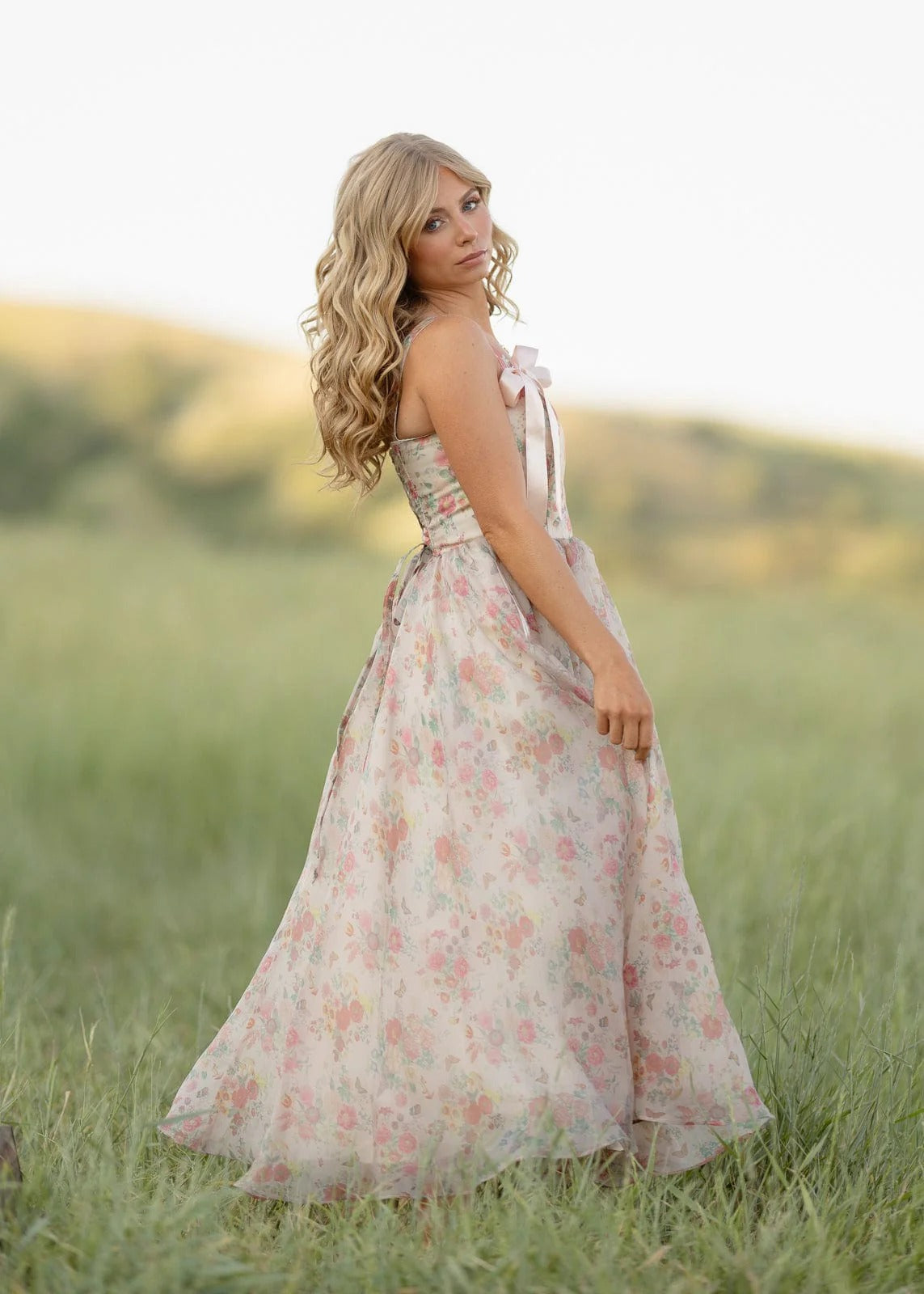 Elegant Spaghetti Strap Bow Detail Corset Back Floral Print A Line Midi Evening Dress For Formal Evening Prom Wedding Guest Bridesmaid Beach Wedding Cocktail Party Gala