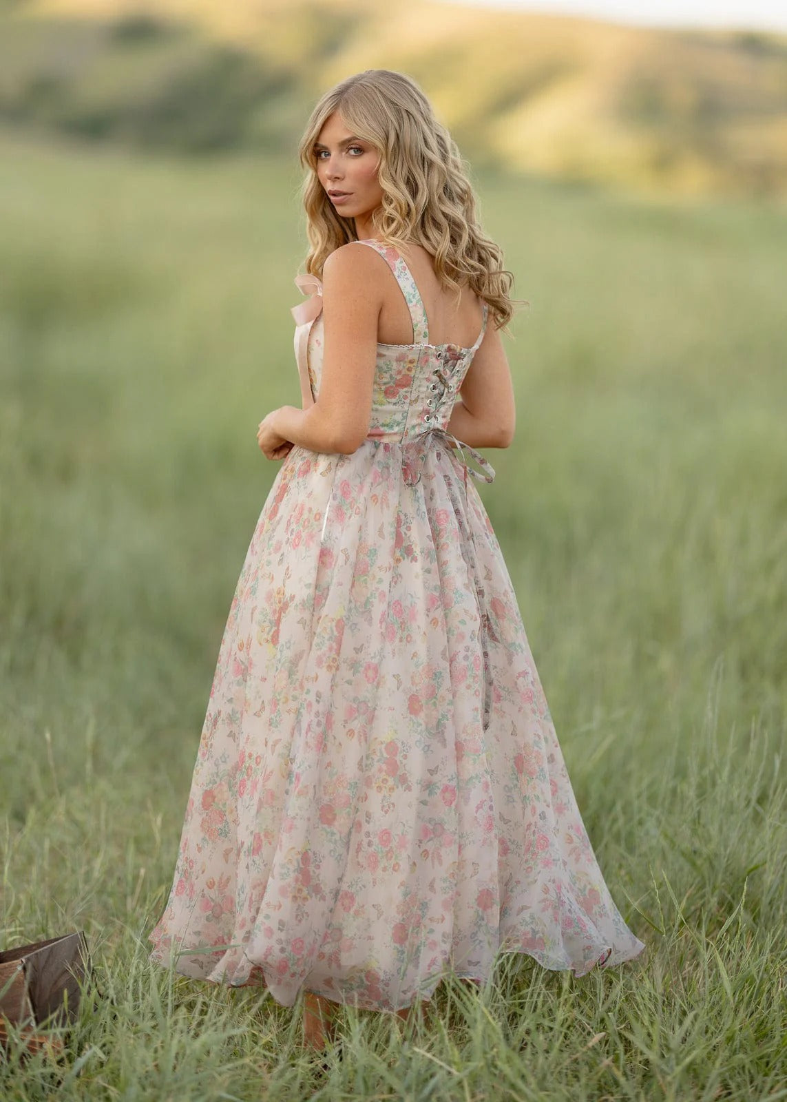 Elegant Spaghetti Strap Bow Detail Corset Back Floral Print A Line Midi Evening Dress For Formal Evening Prom Wedding Guest Bridesmaid Beach Wedding Cocktail Party Gala