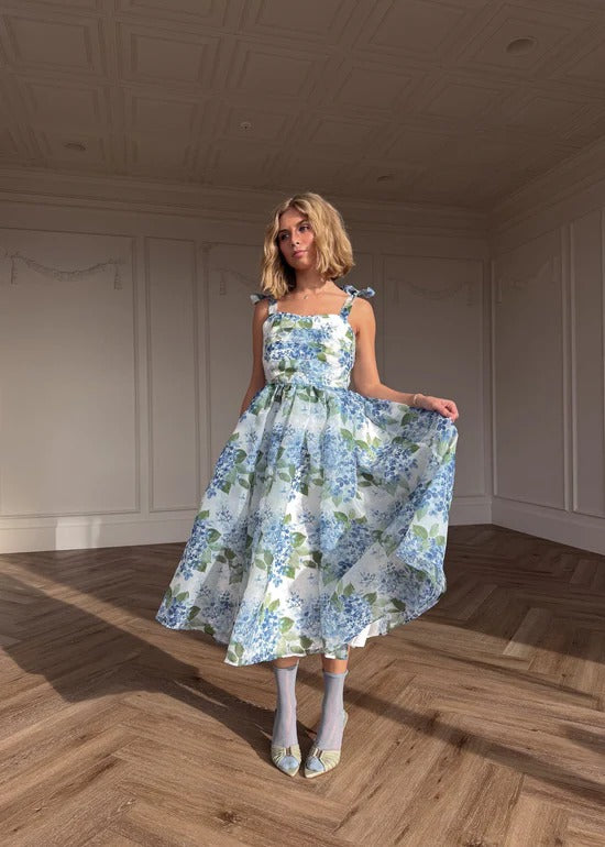 Elegant Spaghetti Strap Bow Detail Square Neck Hydrangea Floral Print A Line Midi Evening Dress For Formal Evening Prom Wedding Guest Bridesmaid Beach Wedding Cocktail Party Gala