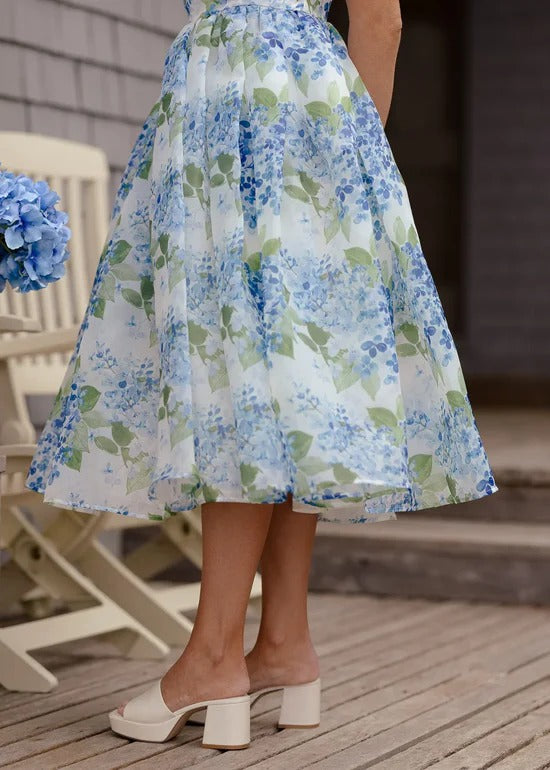 Elegant Spaghetti Strap Bow Detail Square Neck Hydrangea Floral Print A Line Midi Evening Dress For Formal Evening Prom Wedding Guest Bridesmaid Beach Wedding Cocktail Party Gala