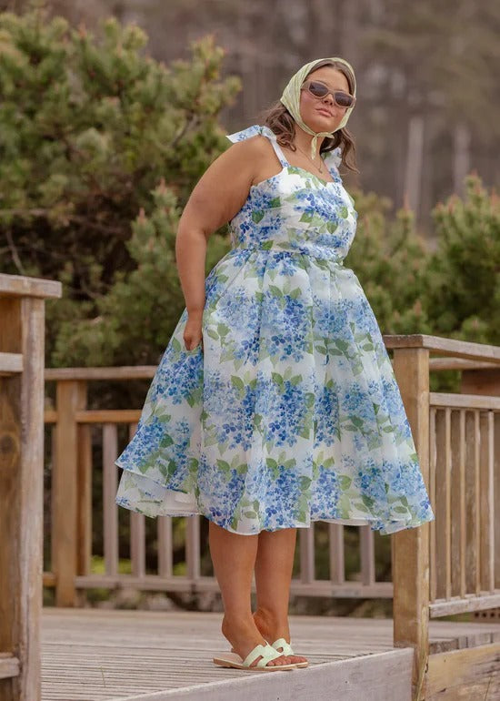 Elegant Spaghetti Strap Bow Detail Square Neck Hydrangea Floral Print A Line Midi Evening Dress For Formal Evening Prom Wedding Guest Bridesmaid Beach Wedding Cocktail Party Gala