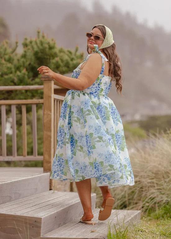 Elegant Spaghetti Strap Bow Detail Square Neck Hydrangea Floral Print A Line Midi Evening Dress For Formal Evening Prom Wedding Guest Bridesmaid Beach Wedding Cocktail Party Gala