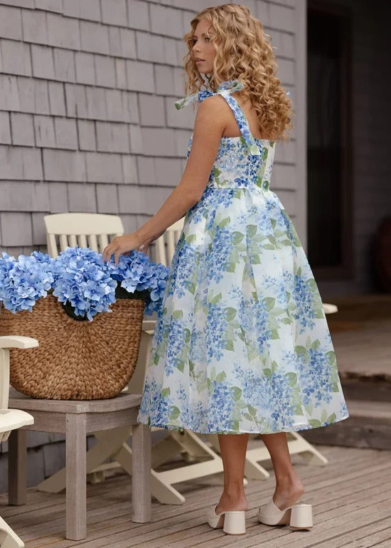 Elegant Spaghetti Strap Bow Detail Square Neck Hydrangea Floral Print A Line Midi Evening Dress For Formal Evening Prom Wedding Guest Bridesmaid Beach Wedding Cocktail Party Gala