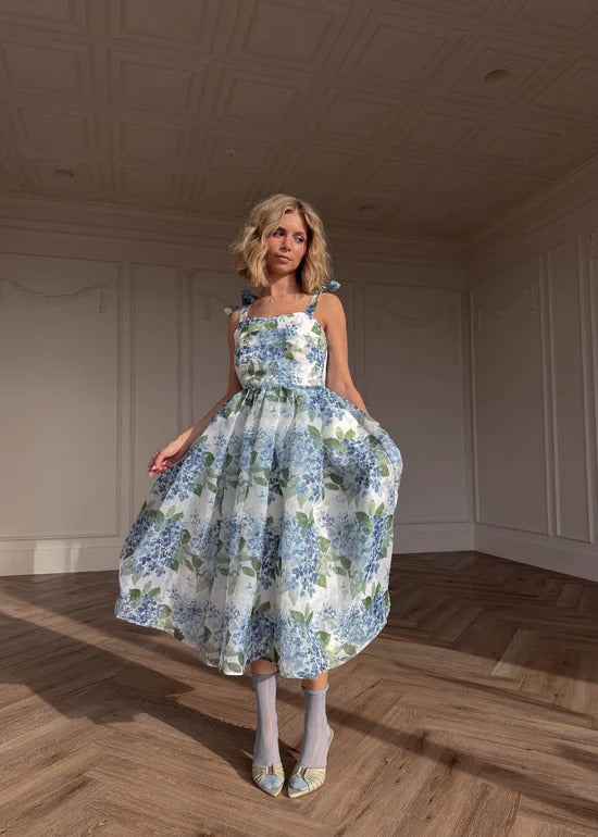 Elegant Spaghetti Strap Bow Detail Square Neck Hydrangea Floral Print A Line Midi Evening Dress For Formal Evening Prom Wedding Guest Bridesmaid Beach Wedding Cocktail Party Gala