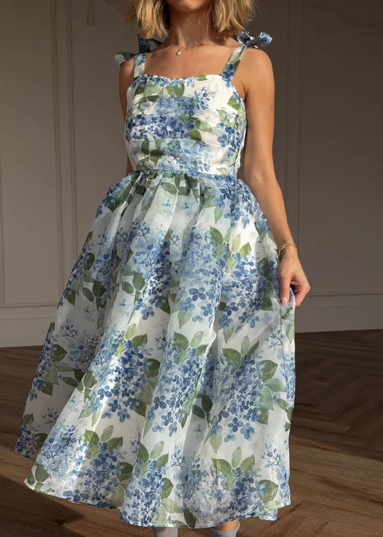 Elegant Spaghetti Strap Bow Detail Square Neck Hydrangea Floral Print A Line Midi Evening Dress For Formal Evening Prom Wedding Guest Bridesmaid Beach Wedding Cocktail Party Gala