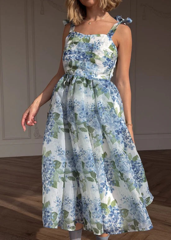 Elegant Spaghetti Strap Bow Detail Square Neck Hydrangea Floral Print A Line Midi Evening Dress For Formal Evening Prom Wedding Guest Bridesmaid Beach Wedding Cocktail Party Gala