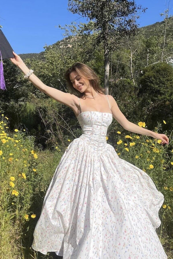 Elegant Spaghetti Strap Corset Bodice Floral Print A Line Maxi Prom Dress For Formal Evening Graduation Wedding Guest