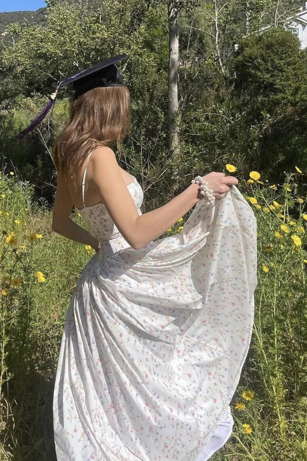 Elegant Spaghetti Strap Corset Bodice Floral Print A Line Maxi Prom Dress For Formal Evening Graduation Wedding Guest