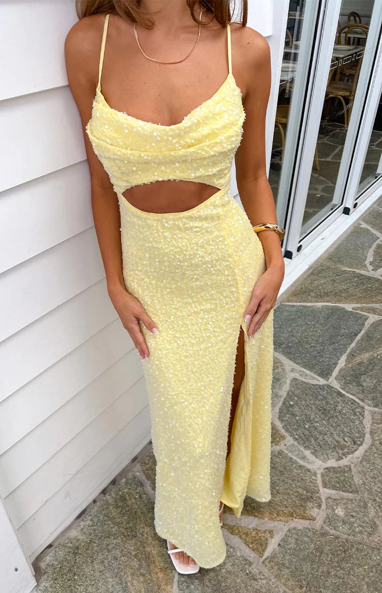Elegant Spaghetti Strap Cowl Neck Cut Out Waist Sequin Maxi Prom Dress