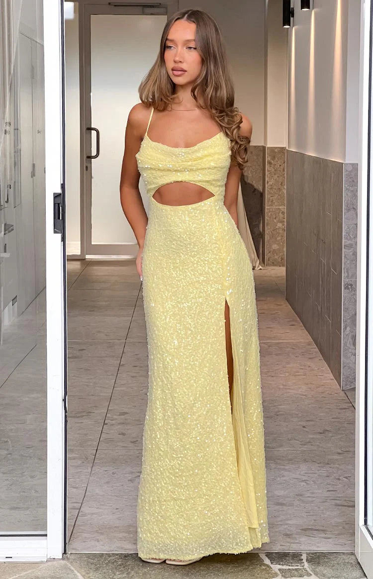 Elegant Spaghetti Strap Cowl Neck Cut Out Waist Sequin Maxi Prom Dress