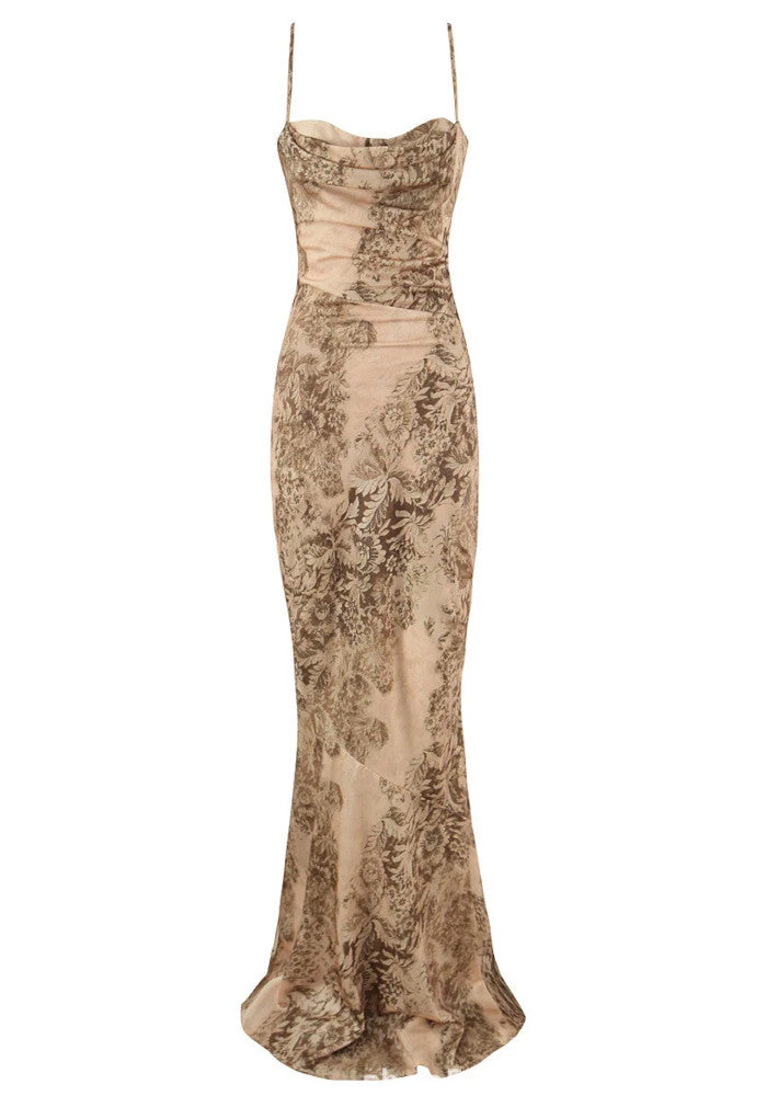 Elegant Spaghetti Strap Cowl Neck Floral Print Satin Mermaid Maxi Prom Dress