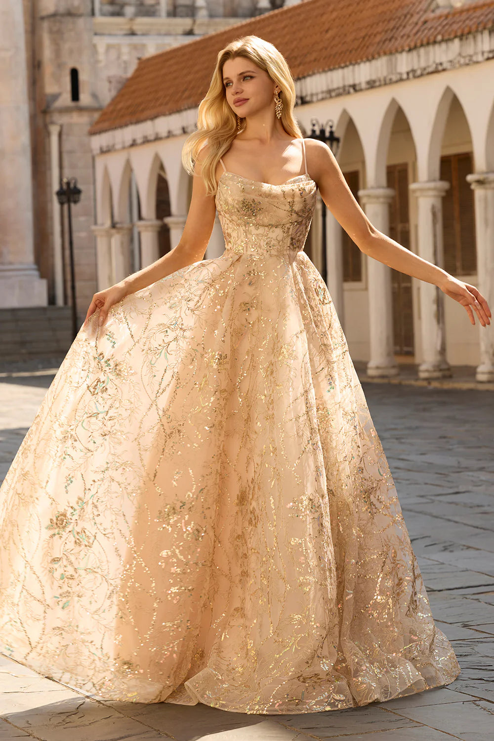 Elegant Spaghetti Strap Cowl Neck Floral Sequin Embroidered Ball Gown Prom Dress