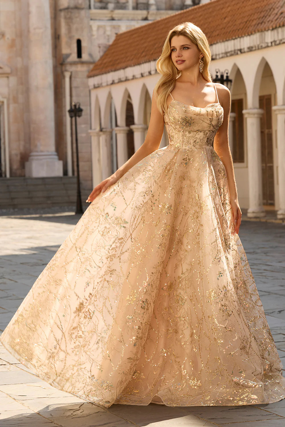 Elegant Spaghetti Strap Cowl Neck Floral Sequin Embroidered Ball Gown Prom Dress