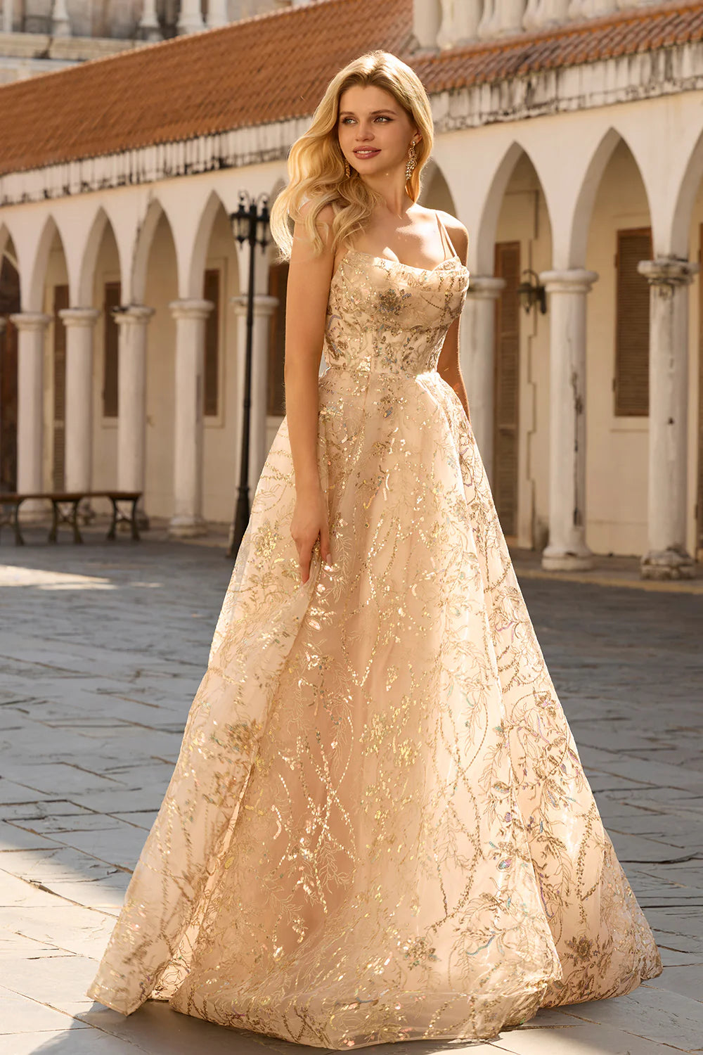 Elegant Spaghetti Strap Cowl Neck Floral Sequin Embroidered Ball Gown Prom Dress