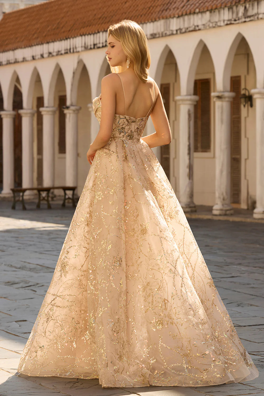 Elegant Spaghetti Strap Cowl Neck Floral Sequin Embroidered Ball Gown Prom Dress