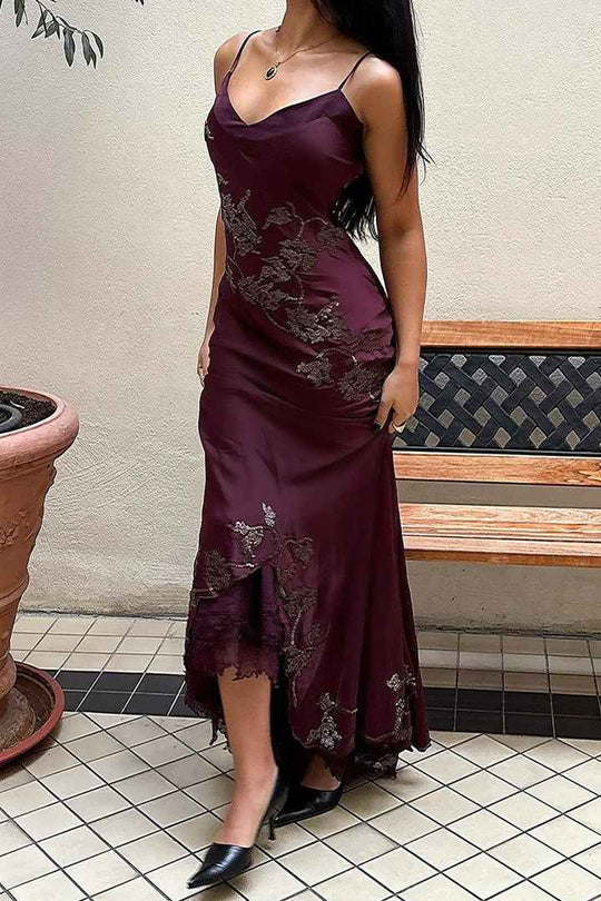 Elegant Spaghetti Strap Cowl Neck Lace Applique Embellished Mermaid Maxi Evening Dress With Train For Formal Evening Prom Wedding Guest Bridesmaid Gala