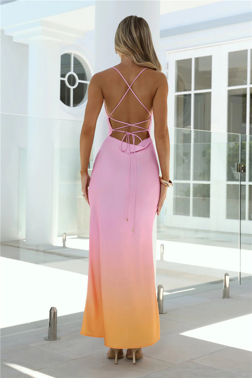 Elegant Spaghetti Strap Cowl Neck Open Back Lace Up Detail Ombre Gradient Mermaid Maxi Evening Dress For Formal Evening Prom Wedding Guest Bridesmaid Beach Wedding Cocktail Party Gala
