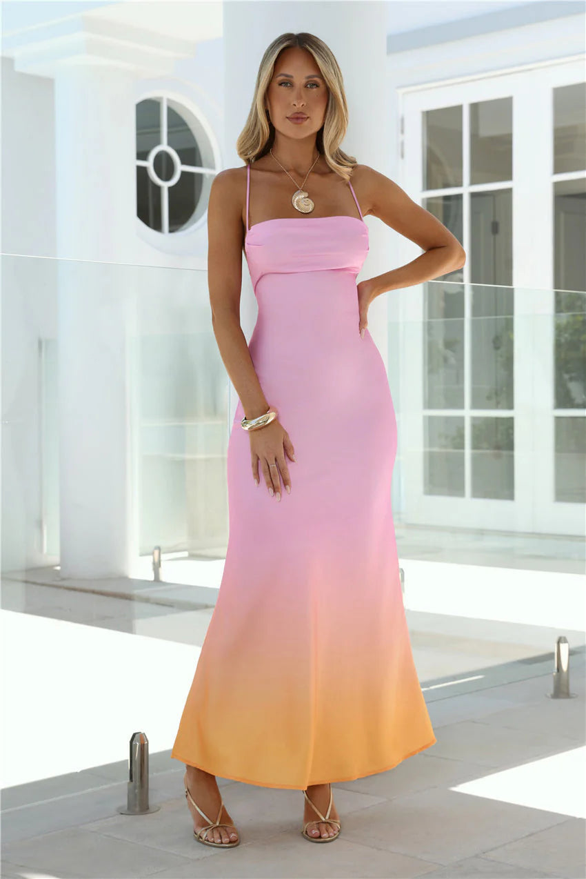 Elegant Spaghetti Strap Cowl Neck Open Back Lace Up Detail Ombre Gradient Mermaid Maxi Evening Dress For Formal Evening Prom Wedding Guest Bridesmaid Beach Wedding Cocktail Party Gala
