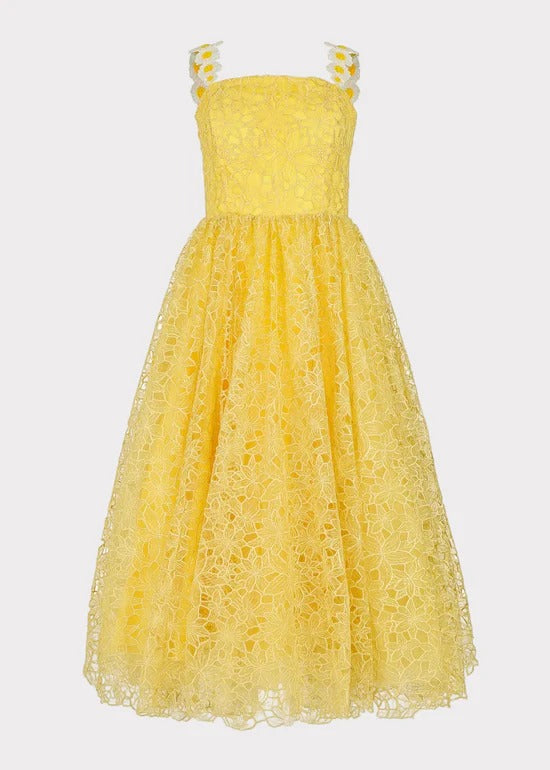Elegant Spaghetti Strap Daisy Detail Square Neck Floral Lace Overlay A Line Midi Evening Dress For Formal Evening Prom Wedding Guest Bridesmaid Beach Wedding Cocktail Party Gala