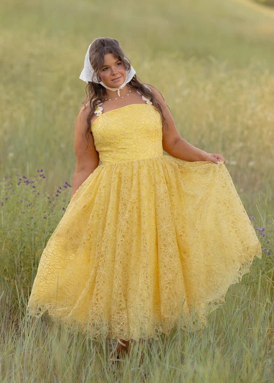 Elegant Spaghetti Strap Daisy Detail Square Neck Floral Lace Overlay A Line Midi Evening Dress For Formal Evening Prom Wedding Guest Bridesmaid Beach Wedding Cocktail Party Gala