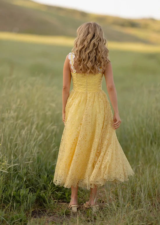 Elegant Spaghetti Strap Daisy Detail Square Neck Floral Lace Overlay A Line Midi Evening Dress For Formal Evening Prom Wedding Guest Bridesmaid Beach Wedding Cocktail Party Gala