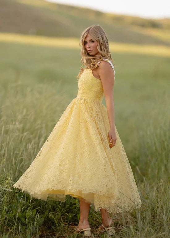 Elegant Spaghetti Strap Daisy Detail Square Neck Floral Lace Overlay A Line Midi Evening Dress For Formal Evening Prom Wedding Guest Bridesmaid Beach Wedding Cocktail Party Gala