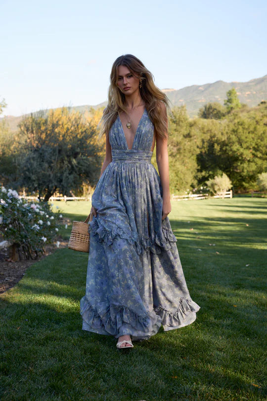 Elegant Spaghetti Strap Deep Plunging Neckline Open Back Ruched Waist Ruffle Hem Floral Print Chiffon Maxi Dress For Casual Beach Wedding Bridal Shower Garden Party
