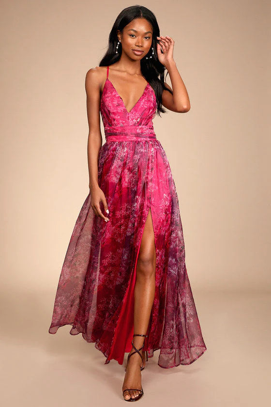 Elegant Spaghetti Strap Deep V Neck Floral Print Organza High Slit A Line Maxi Prom Dress For Formal Evening Gala Cocktail Party Wedding Guest