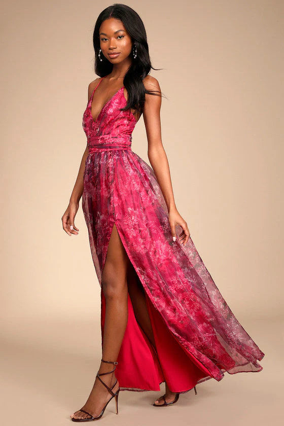 Elegant Spaghetti Strap Deep V Neck Floral Print Organza High Slit A Line Maxi Prom Dress For Formal Evening Gala Cocktail Party Wedding Guest
