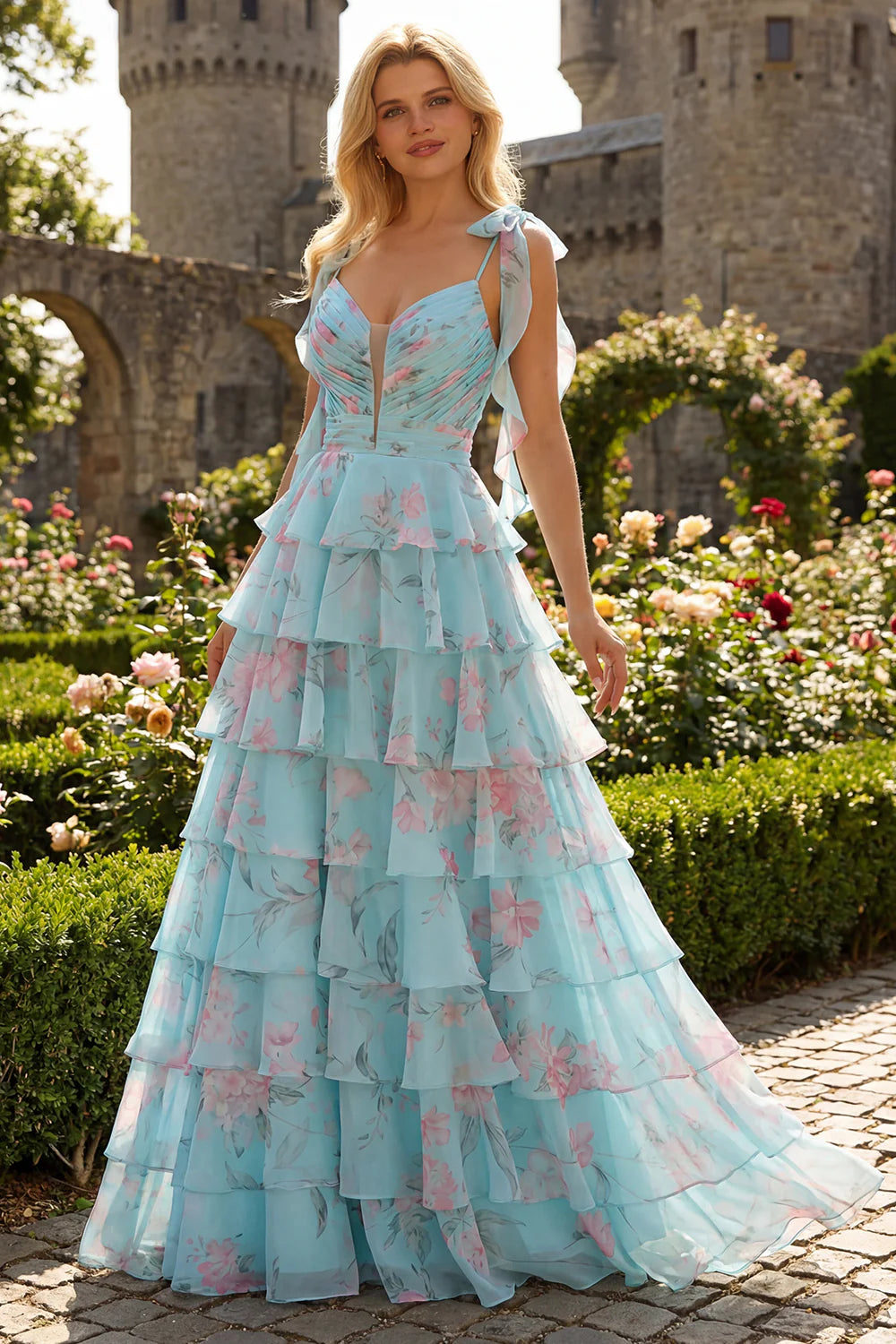 Elegant Spaghetti Strap Deep V Neck Floral Print Tiered Ruffle Lace Up Back Chiffon Prom Dress