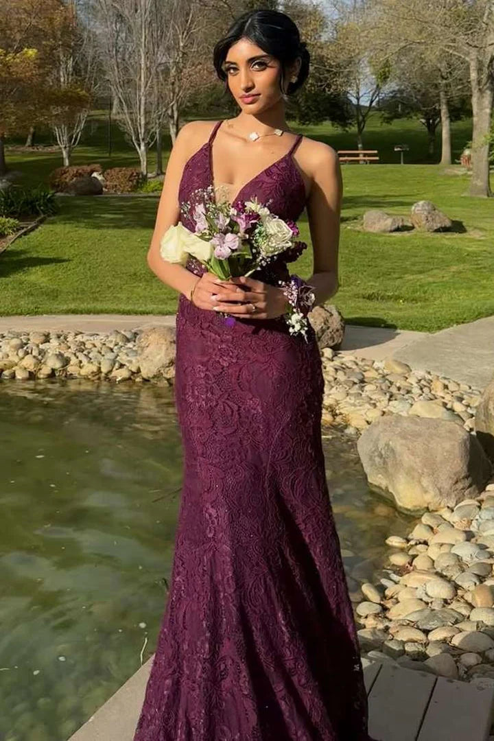 Elegant Spaghetti Strap Deep V Neck Open Back Beaded Lace Mermaid Maxi Evening Dress With Train For Formal Evening Prom Wedding Guest Bridesmaid Gala