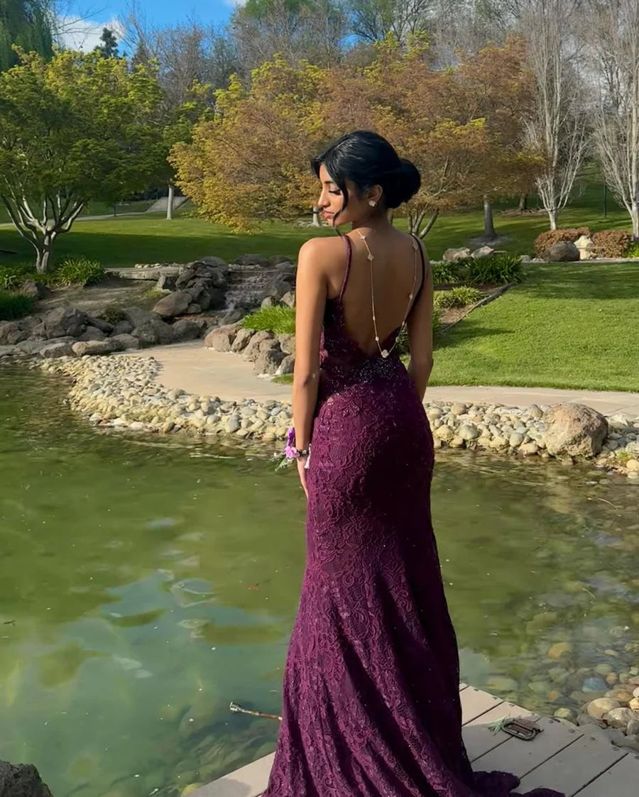 Elegant Spaghetti Strap Deep V Neck Open Back Beaded Lace Mermaid Maxi Evening Dress With Train For Formal Evening Prom Wedding Guest Bridesmaid Gala